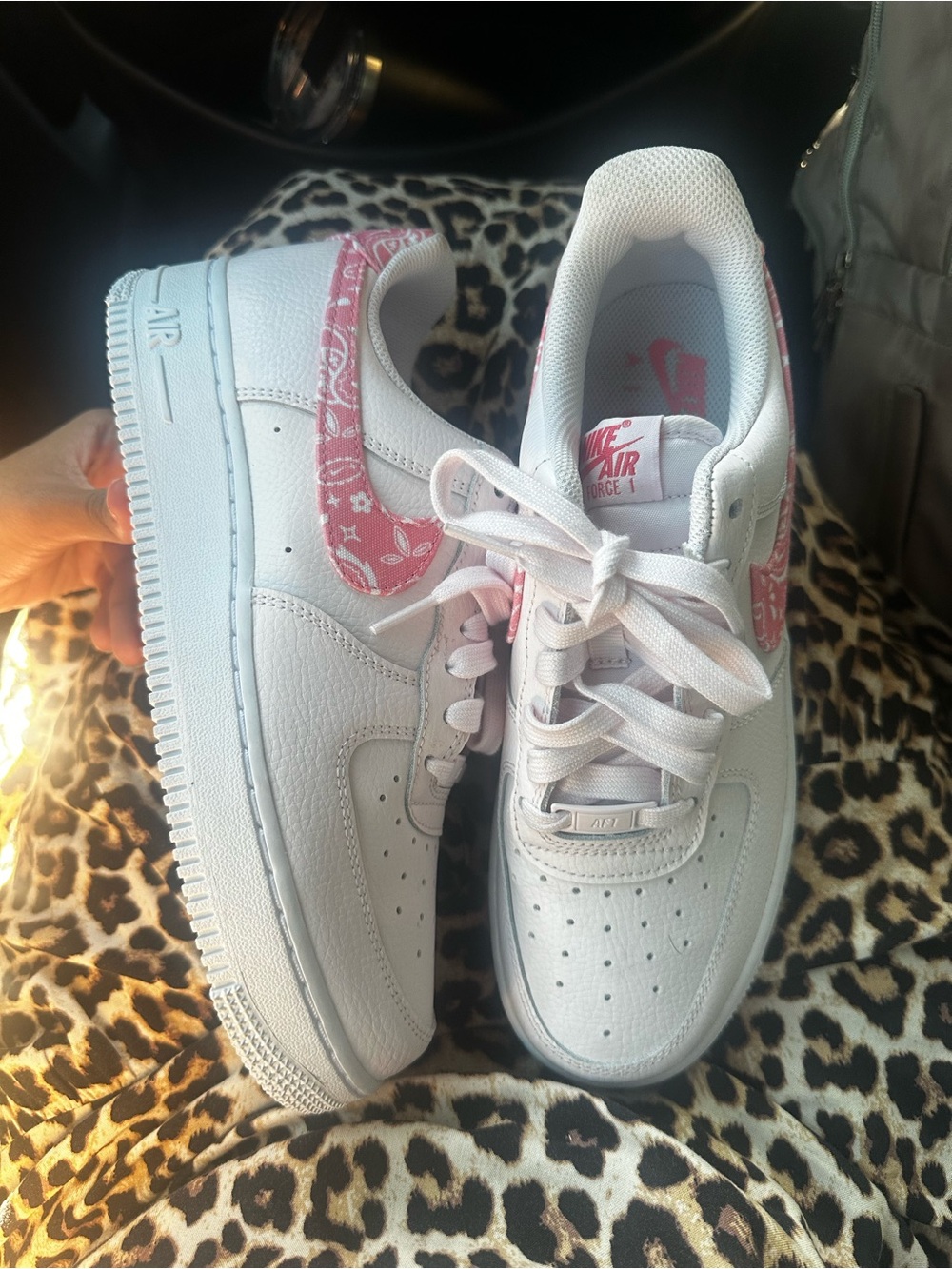 Nike White Sneakers with Pink Paisley Swoosh